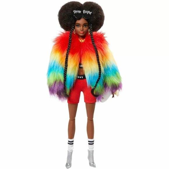 Barbie Extra Doll #1 in Furry Rainbow Coat with Pet Poodle, Brunette Afro-Puffs - Picture 2 of 5